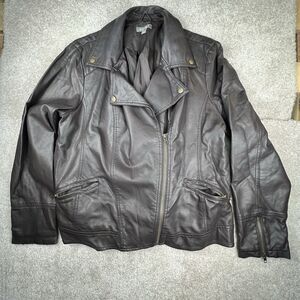 Roz & Ali Faux Leather Jacket Women's Size XL Brown Zip Up Collared Pockets